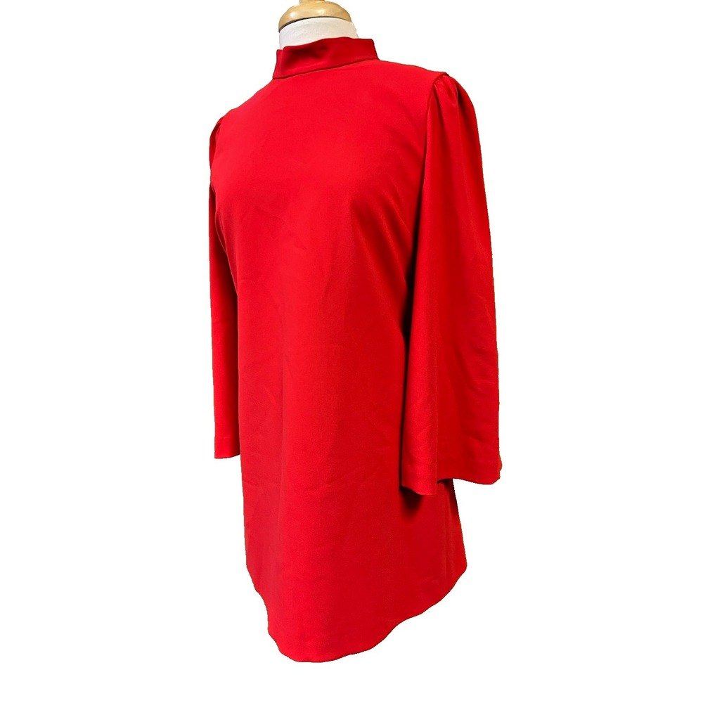 Alice & Olivia Bailey Mini Dress Red Mock Neck V-Back Zip 3/4 Bell Sleeve SZ 8 - Picture 6 of 16